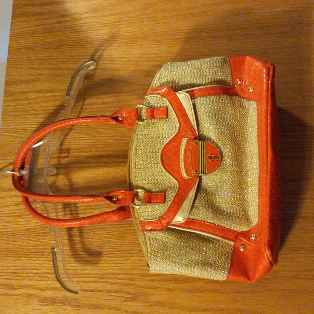 Womens j. Lo large purse orange and tan handbag with handles excellent condition